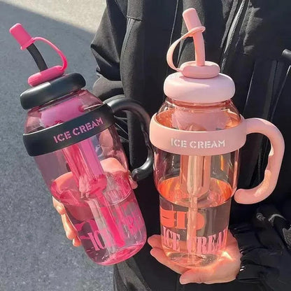 Ice-cream water bottle with straw handle