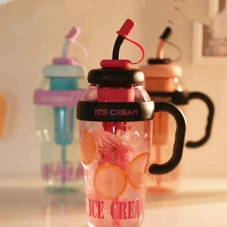 Ice-cream water bottle with straw handle