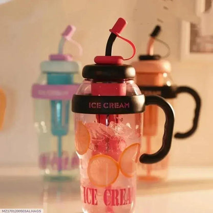 Ice-cream water bottle with straw handle