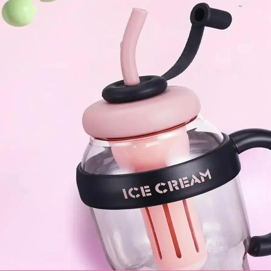 Ice-cream water bottle with straw handle