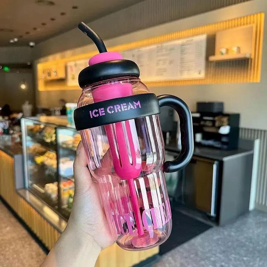 Ice-cream water bottle with straw handle